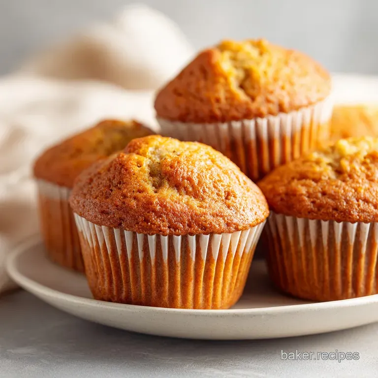 Two fluffy banana muffins artfully arranged on a white plate, dusted with powdered sugar and a single fresh mint leaf.