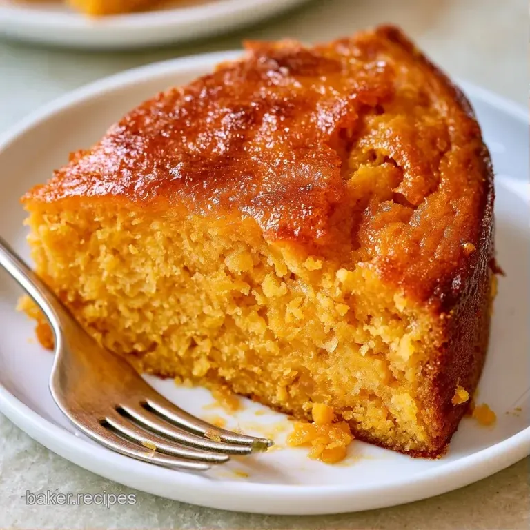 Elegant slice of golden-orange cake with thick swirl of cream frosting and a dusting of cinnamon on a plate.