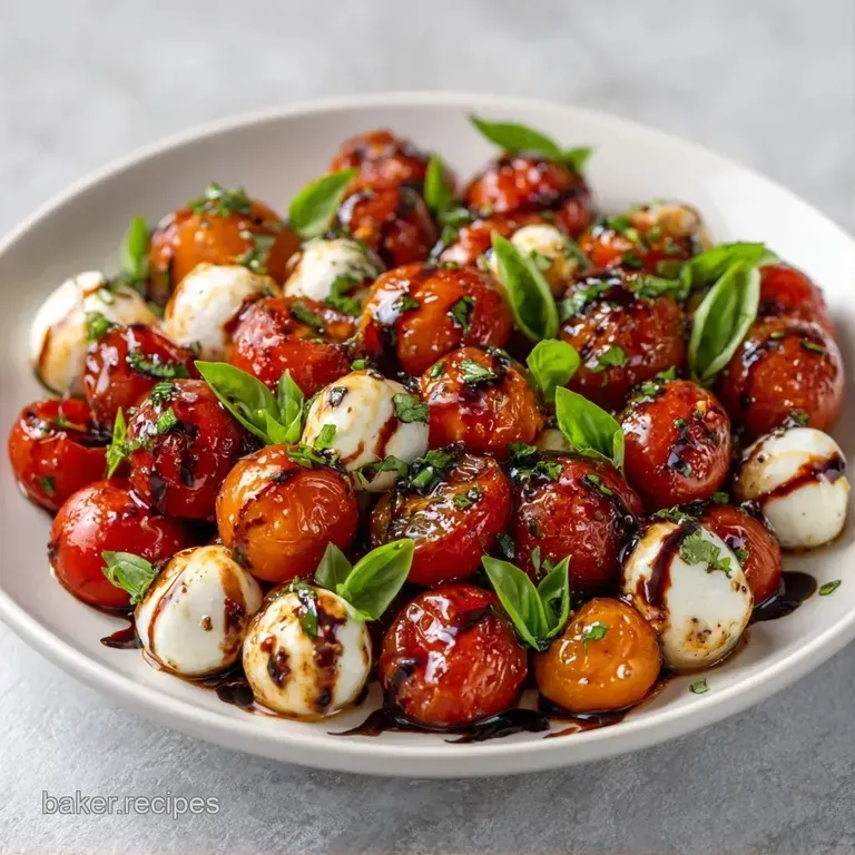 Elegant skewers of red tomatoes and white mozzarella arranged in a circle on a platter, garnished with green basil.