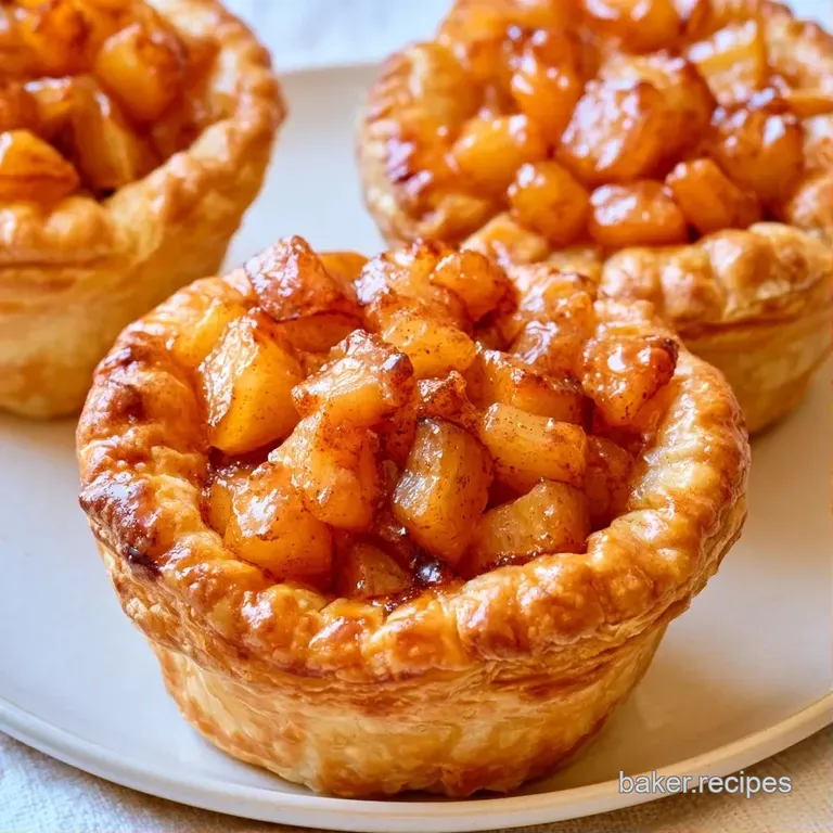 Flaky golden apple tarts arranged on a white ceramic plate with a sprinkle of cinnamon and fresh mint leaves.