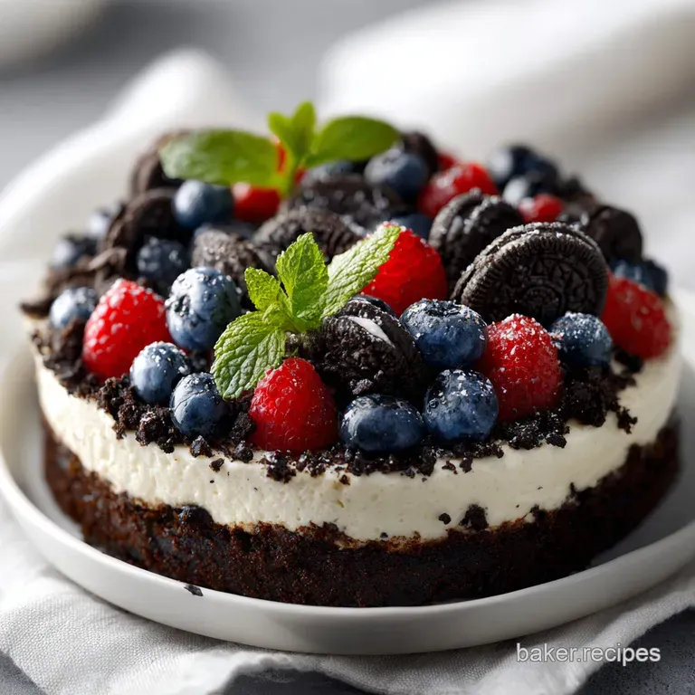 A pristine slice of creamy white cheesecake sits on a dark chocolate crust, drizzled with chocolate sauce.