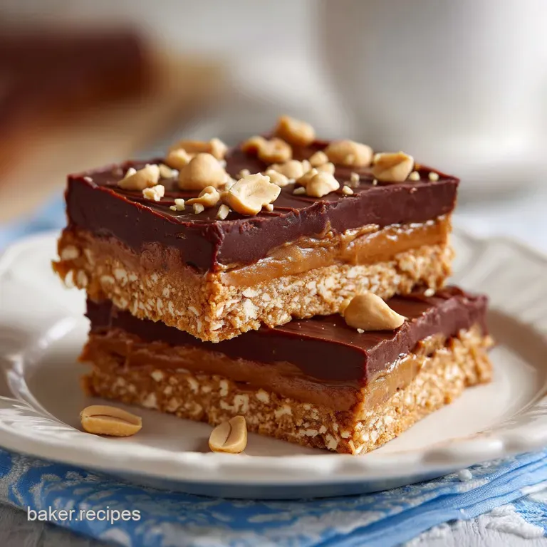 Neatly sliced chocolate peanut butter bars stacked with a dollop of whipped cream and a peanut.