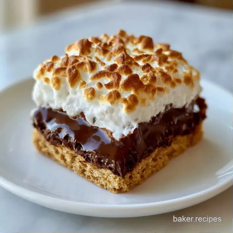 Neatly stacked dessert squares on a white platter, showing layers of dark chocolate and toasted white marshmallows.