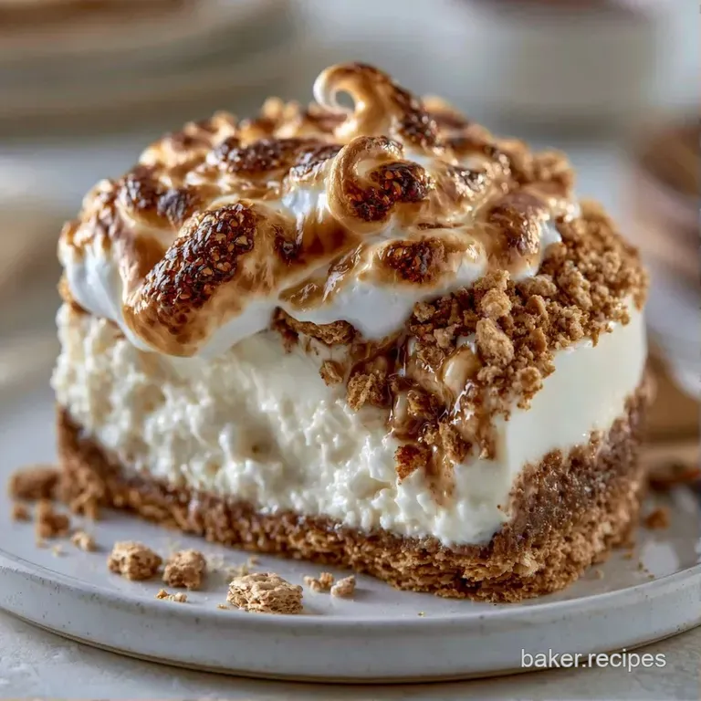 A slice of creamy white cake on a white plate, topped with toasted brown marshmallows and swirls of dark chocolate.