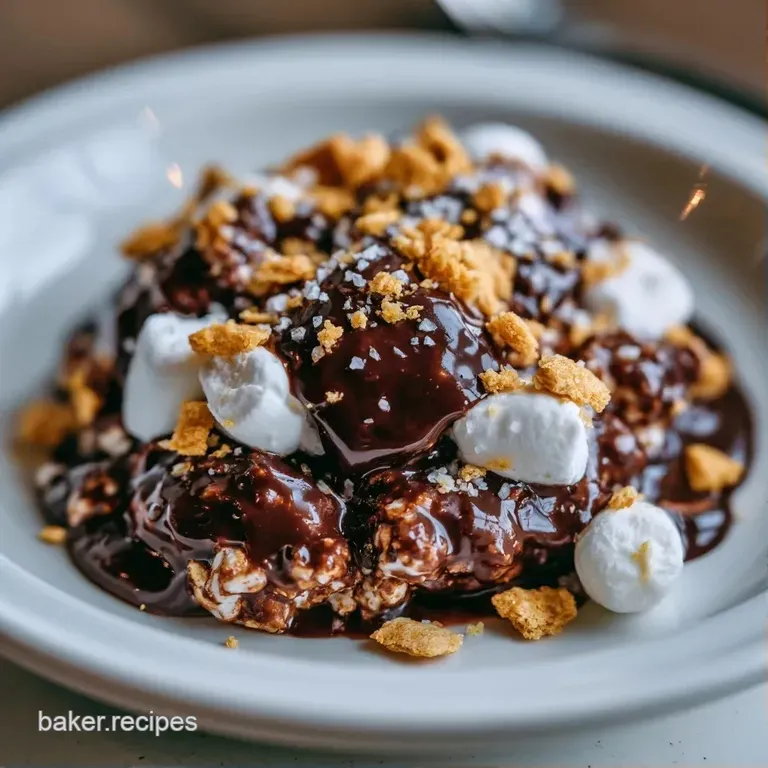 Deep brown chocolate treats with toasted white marshmallows neatly arranged on a minimal white ceramic dessert plate.