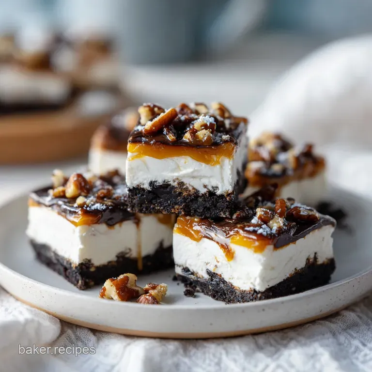 Sliced caramel and chocolate dessert squares arranged on a marble slab with scattered toasted pecan halves.