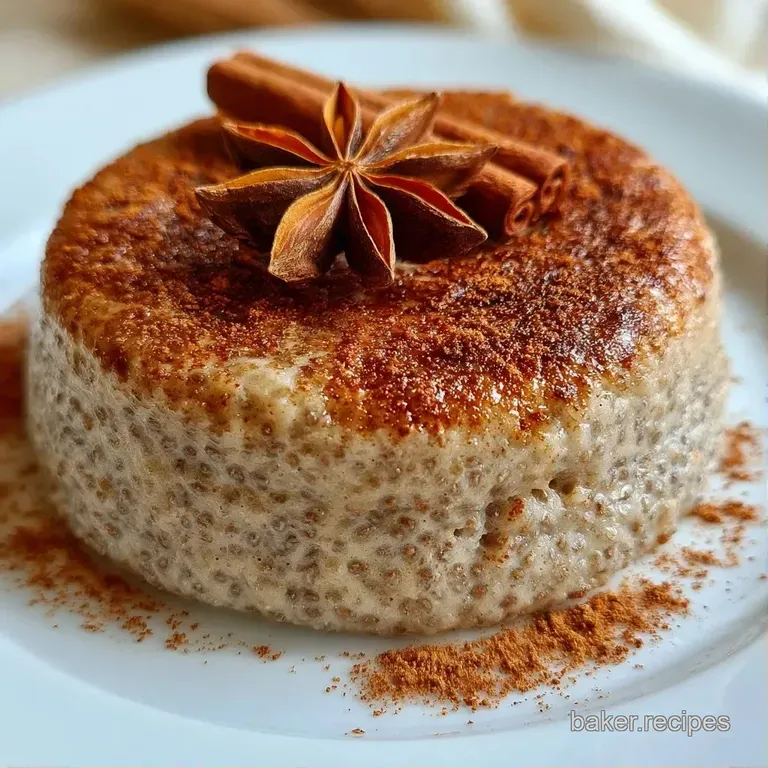 A minimalist white bowl of thick, creamy pudding topped with neat rows of red berries and a dash of brown spice.