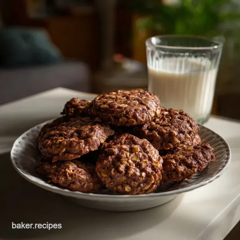 Three cocoa cookies arranged artfully on a white plate. The soft, fudgy centers contrast with the crisp edges, a delicate ...