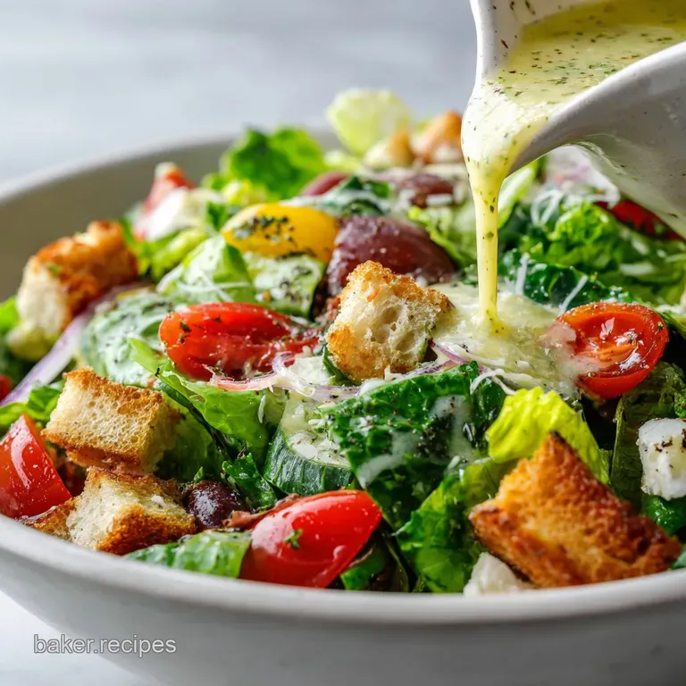 Vibrant green salad drizzled with creamy, light-yellow dressing in a clear bowl, showcasing herbs and a light, glossy sheen.