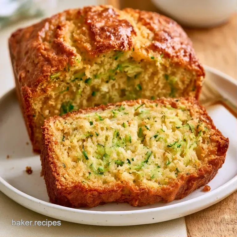 A thick slice of golden zucchini bread on a white plate with a melting pat of butter and a linen napkin nearby.
