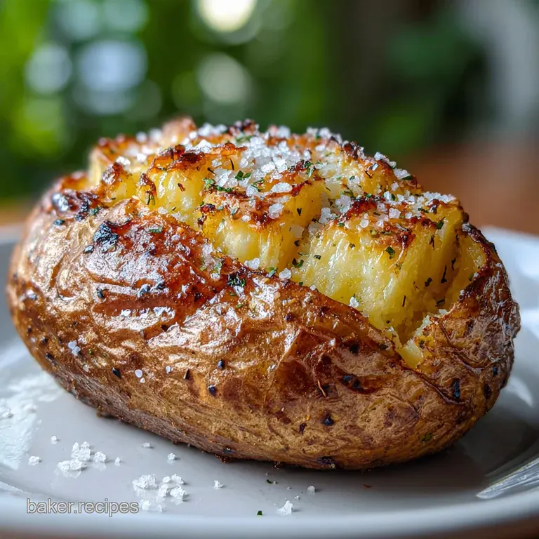 Perfectly baked potato, artfully split and fluffed, topped with herbs and flaky salt on a rustic plate. Inviting and warm.