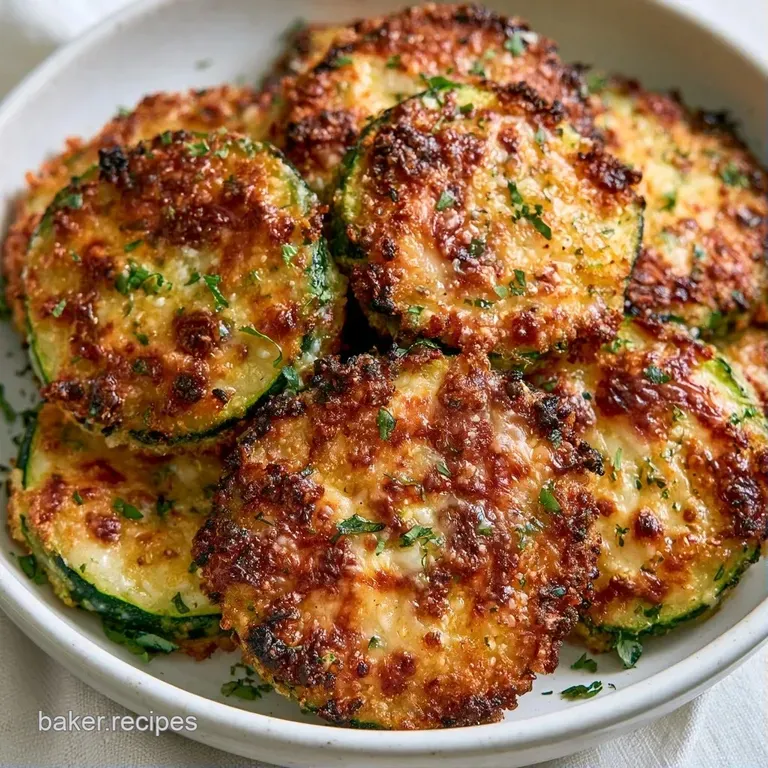 Sliced roasted zucchini arranged in a circle on a white plate, topped with fresh parsley and shaved parmesan.