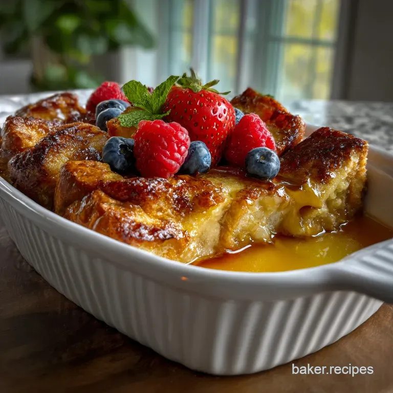 Thick slices of French toast casserole, drizzled with maple syrup, artfully arranged on a white plate. Hints of cinnamon a...