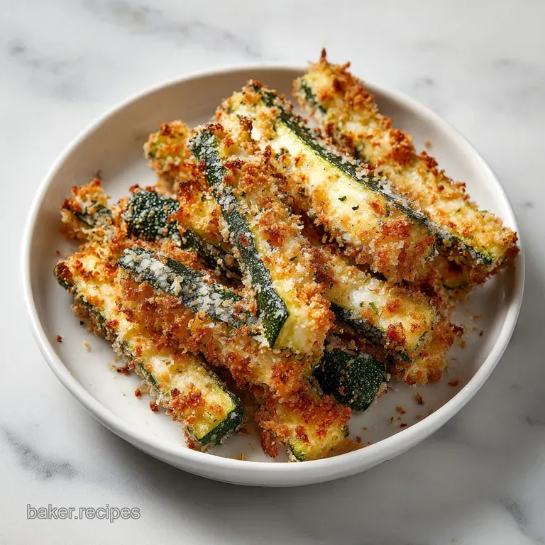 A neat stack of breaded zucchini sticks, glistening and perfectly browned, served with a vibrant dipping sauce.