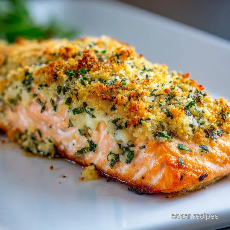 Elegant plate with baked salmon fillet. Vibrant herbs and Parmesan form a crisp crust, alongside bright lemon wedges.