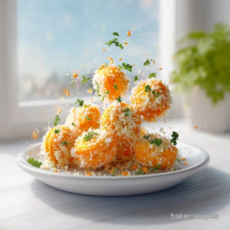 Four servings of parmesan smashed carrots, arranged artfully on a white plate; steam rises to signal hotness, showing brow...