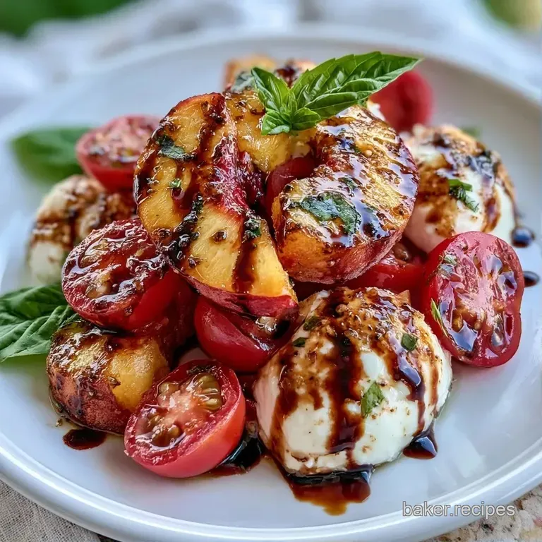Fresh mozzarella pearls and peach wedges arranged in a circle with emerald basil leaves on a white ceramic plate.