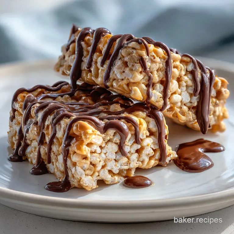 Neatly cut squares of treats stacked on a minimalist white plate, showcasing a drizzle of dark chocolate and a hint of pea...