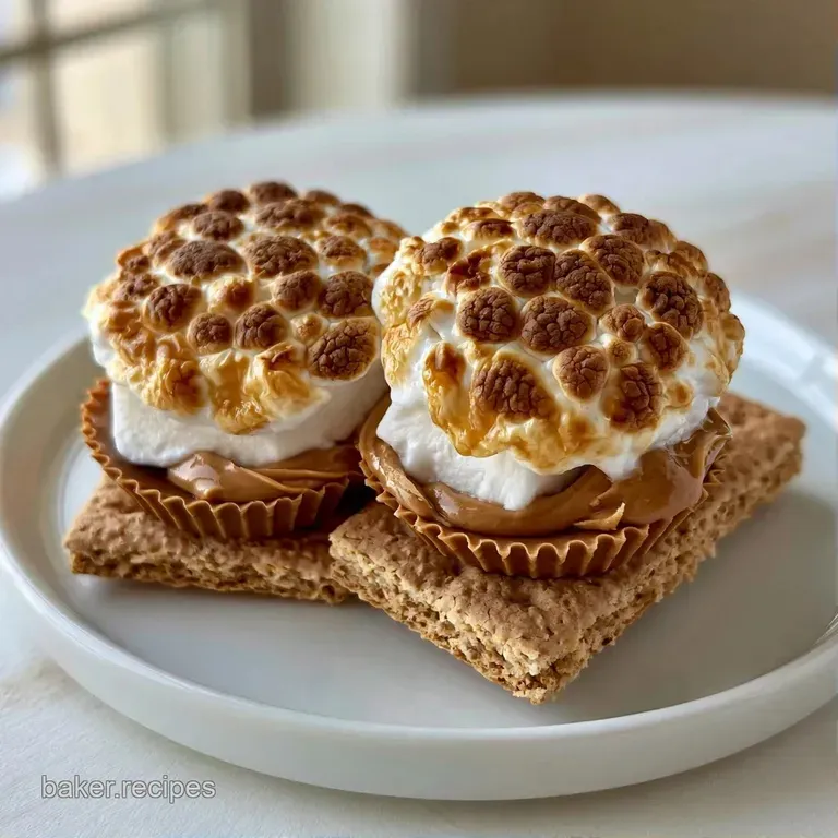 Gooey toasted marshmallows and chocolate peanut butter cups arranged neatly on a rustic wooden serving board.