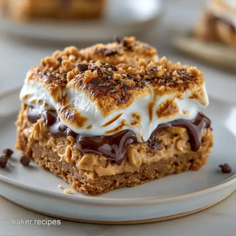 Neatly stacked dessert squares on a white ceramic plate, topped with charred marshmallows and a dark chocolate drizzle.