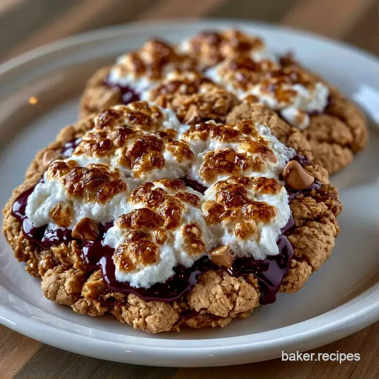 A neat stack of soft, tan cookies topped with charred white marshmallows and glossy dark chocolate on a white plate.