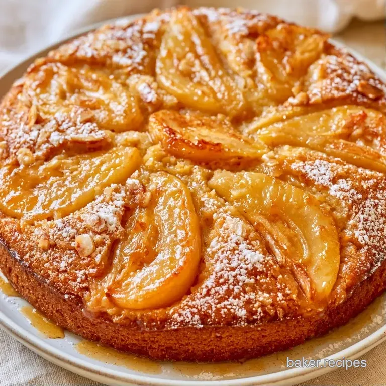 A slender slice of moist, pale gold cake topped with poached pears and a light dusting of snowy powdered sugar.