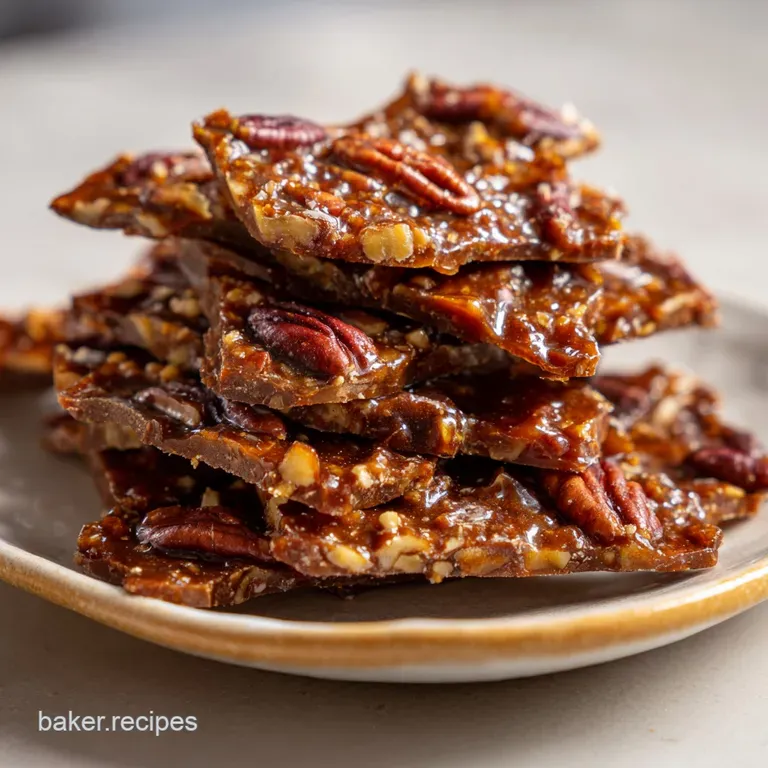 Shattered pieces of pecan pie bark artfully arranged, showcasing layers of rich chocolate and crunchy nuts on a white plate.
