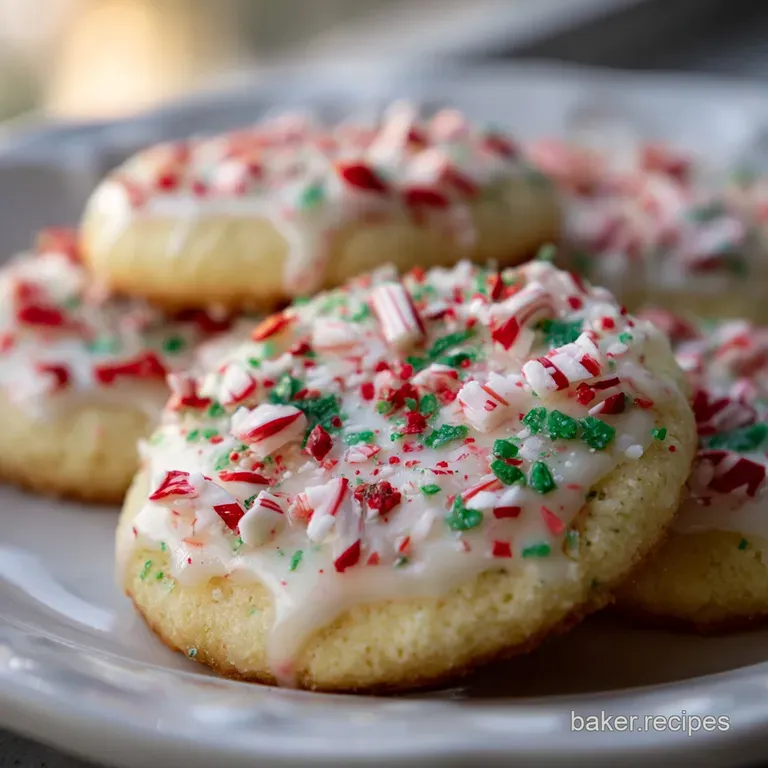 Stack of festive peppermint shortbread cookies tied with a red ribbon, showcasing their buttery texture and colorful candy...