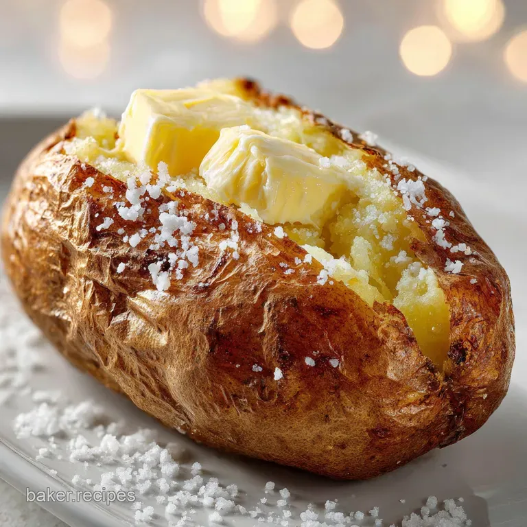 Creamy white potato artfully split, glistening butter and salt sparkling on the fluffy interior, simple elegance.