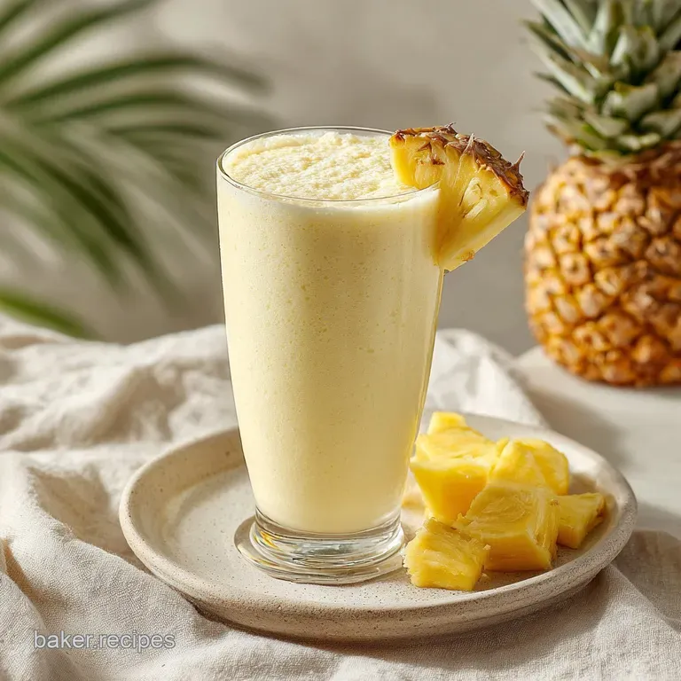 A chilled glass of frothy, tropical-hued milkshake, adorned with a pineapple wedge and a maraschino cherry, ready to enjoy.