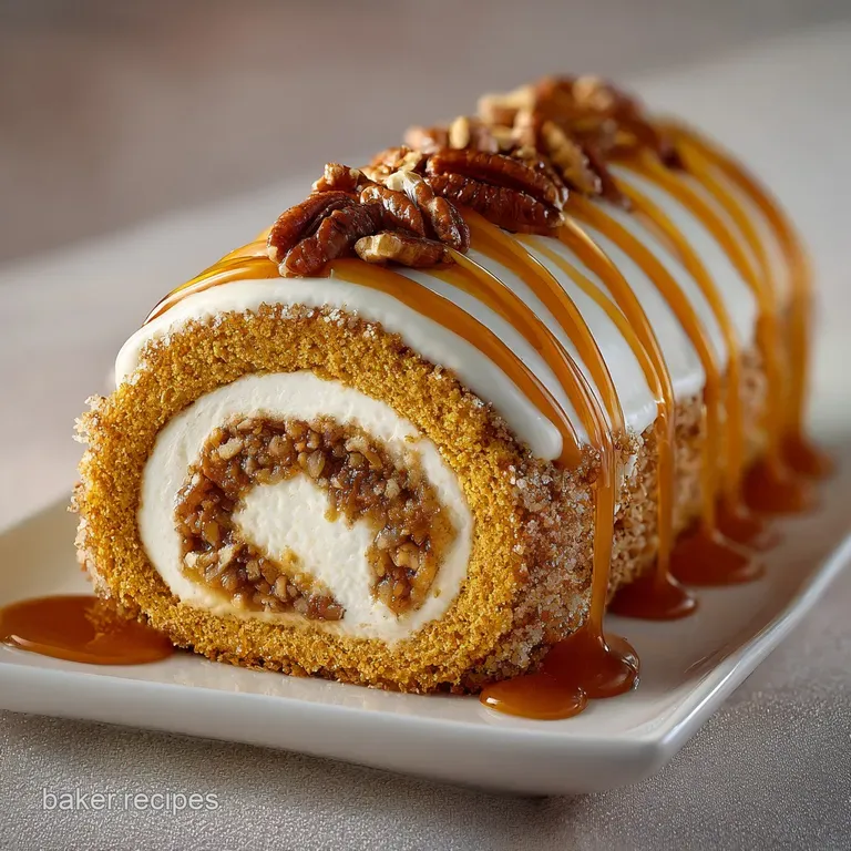 Slice of pumpkin roll on a plate, praline cream filling visible, decorated with pecans and a delicate dusting of spice.