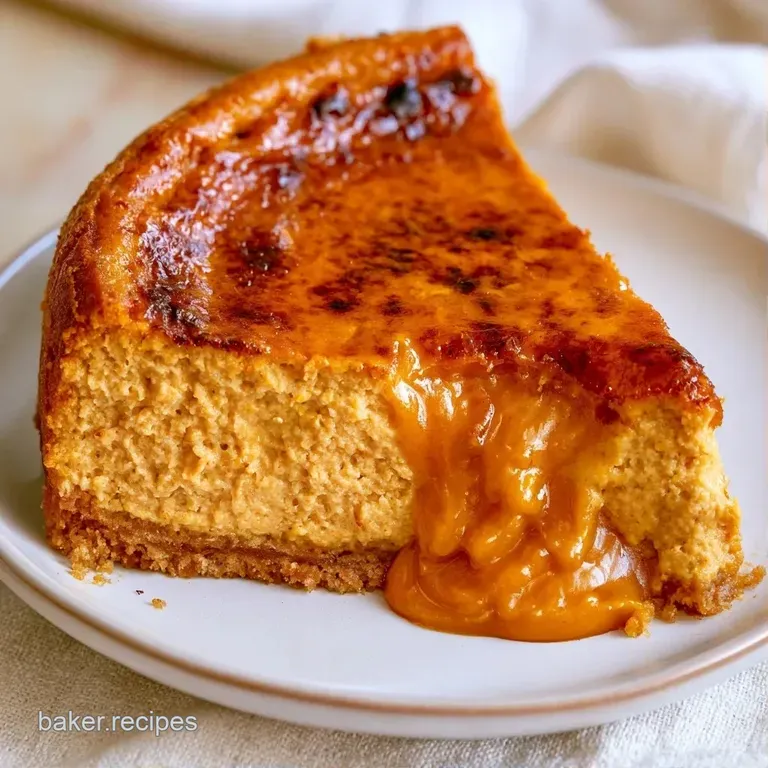 A slice of charred orange cheesecake on a white ceramic plate, topped with a dollop of cream and a cinnamon stick.