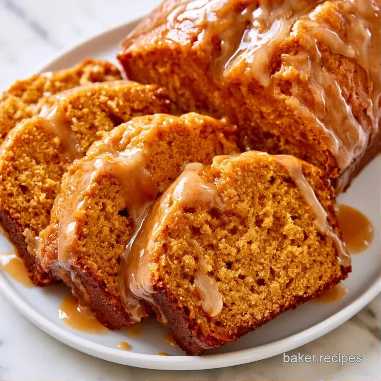 Warm, orange-hued bread slices stacked neatly, topped with a glossy syrup drizzle on a white ceramic plate.