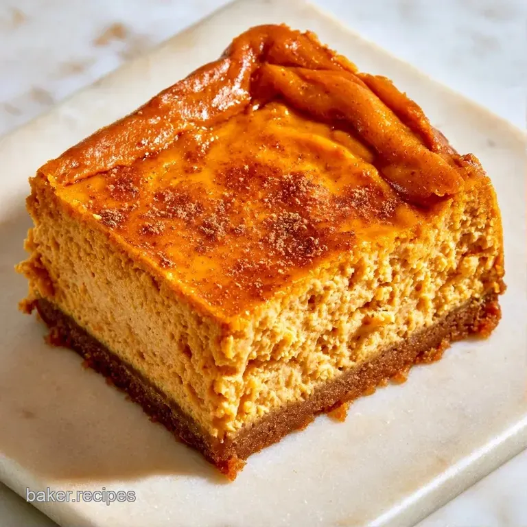 A neat square of orange-hued cream cake on a white plate, dusted with cinnamon and paired with a fresh mint leaf.
