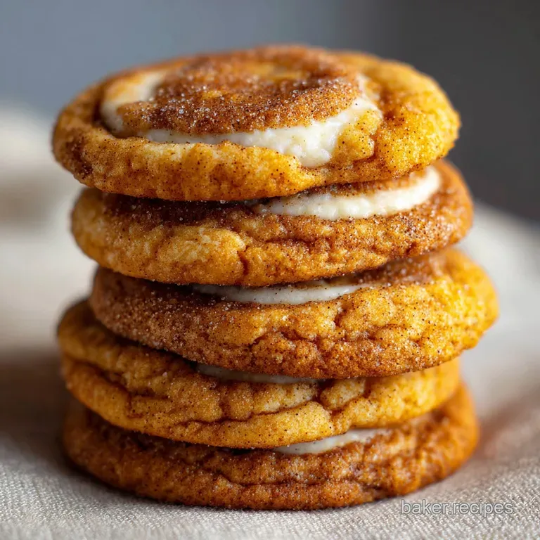 Stack of soft pumpkin cookies oozing with sweet frosting, topped with a sprinkle of cinnamon sugar.