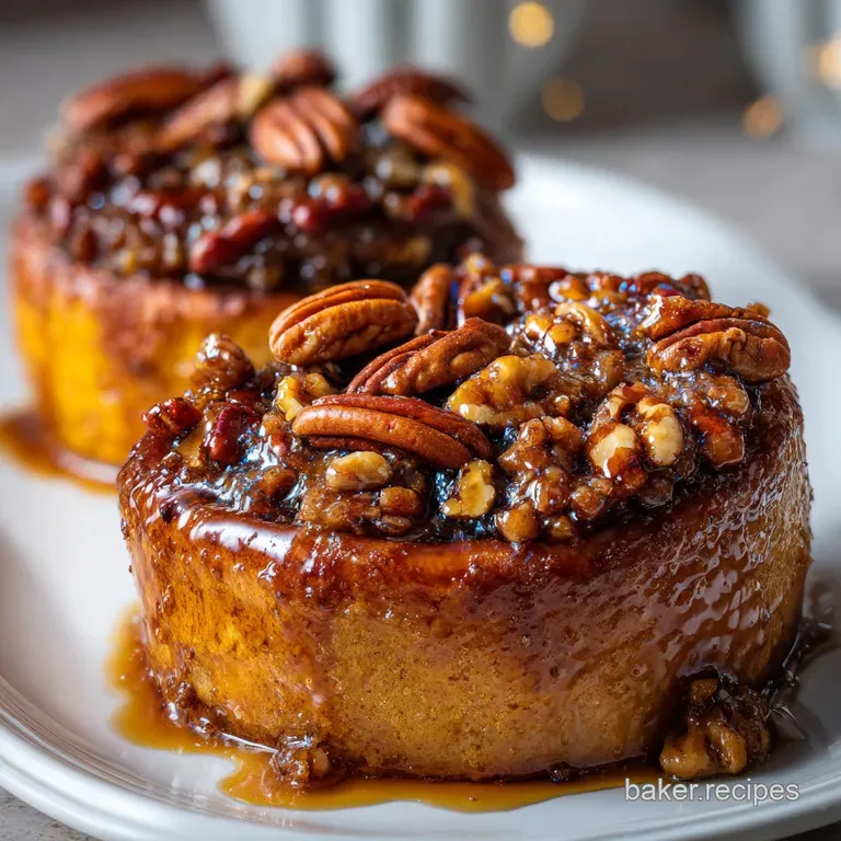 Warm, golden sticky bun oozing caramel with crunchy pecans, served on a white plate dusted with powdered sugar.