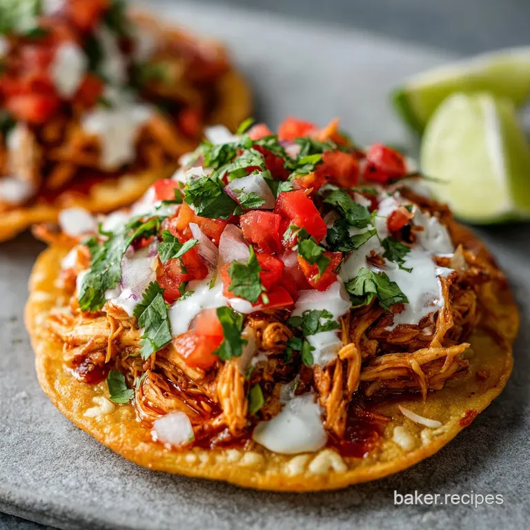 A vibrant tostada, layered with juicy chicken and colorful toppings, sits elegantly on a white plate against a rustic back...