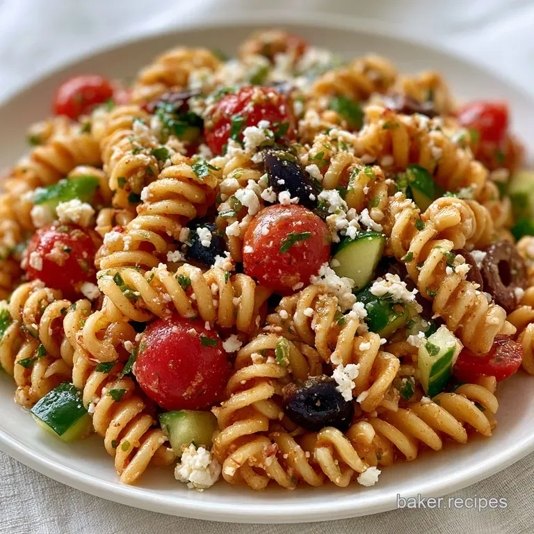 Colorful pasta medley in a white bowl, topped with feta crumbles and fresh herbs on a light marble countertop.
