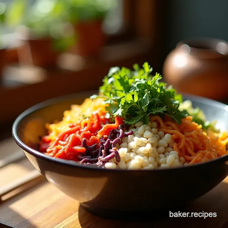 Rainbow Vegetarian Bibimbap Korean Mixed Rice Bowl presentation