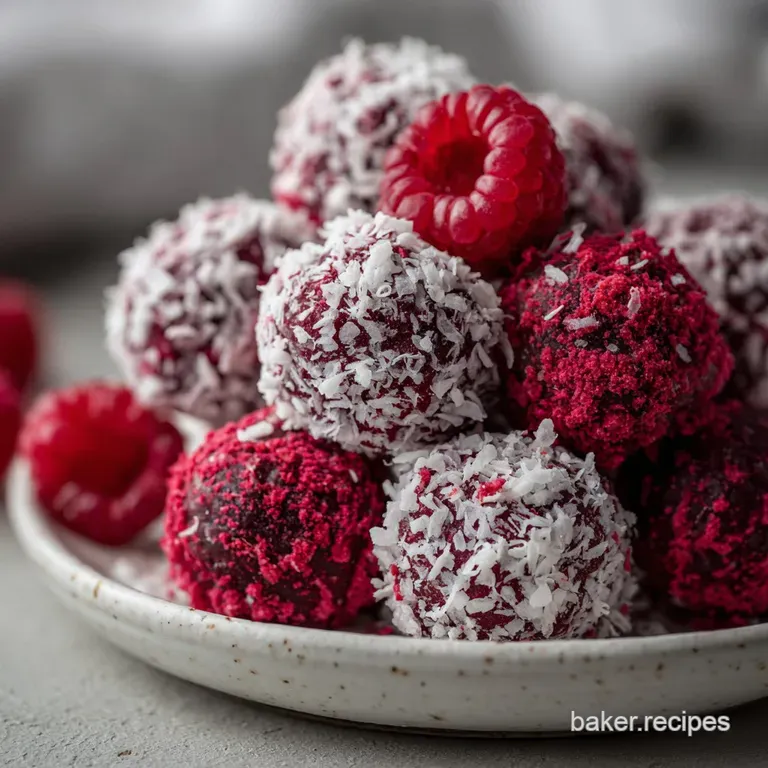 Elegant row of glistening, dark raspberry truffles on a white plate, sprinkled with dried raspberry powder for a pop of co...