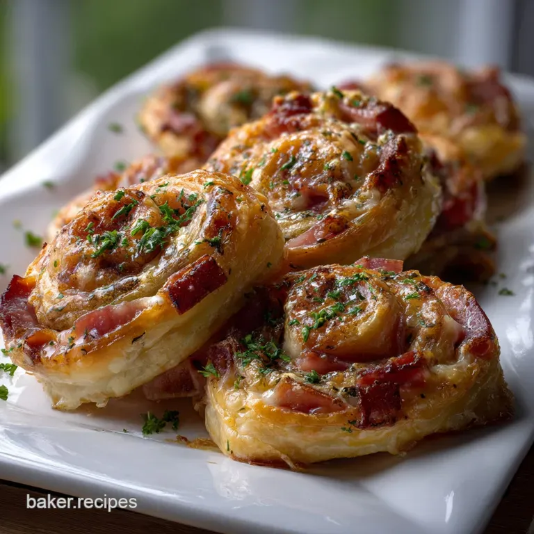 Flaky golden pinwheels showcasing layers of corned beef, Swiss cheese, and sauerkraut, elegantly arranged on a white plate.
