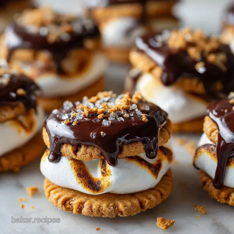 Stack of Ritz S'mores cookies on a rustic wooden plate. Melted marshmallow threads and chocolate smears create a tempting ...