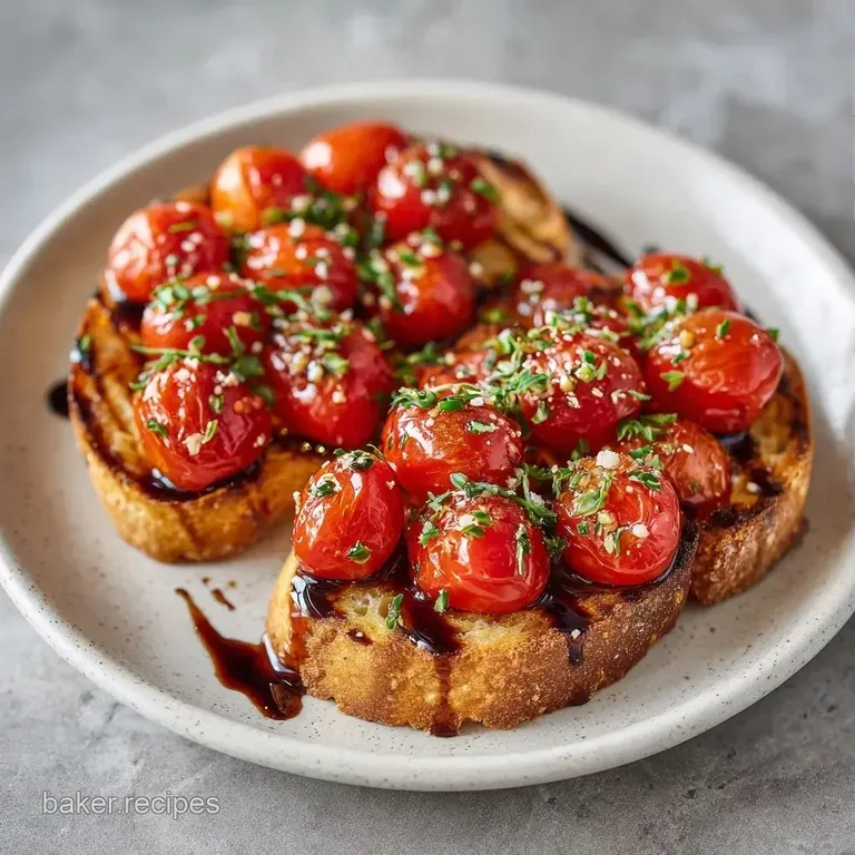 A rustic wooden platter featuring toasted baguette rounds topped with juicy red tomatoes and green herbs.