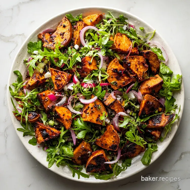An elegant plating of charred sweet potato chunks nestled on fresh greens with a garnish of toasted pumpkin seeds.