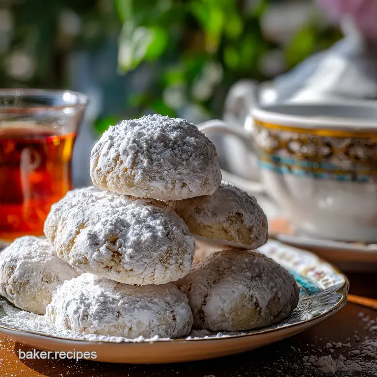 A small glass plate holds a neat stack of snowy white Russian tea cookies, a festive treat on a dark wooden surface.