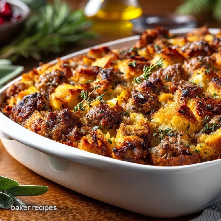 Thanksgiving Stuffing: the Ultimate Oven Baked Sage Sausage Dressing presentation