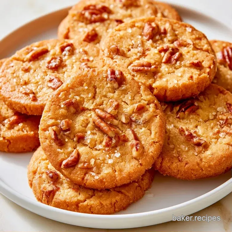 Stack of buttery golden squares on a white marble slab, accented by toasted pecan halves and a sprinkle of sugar.