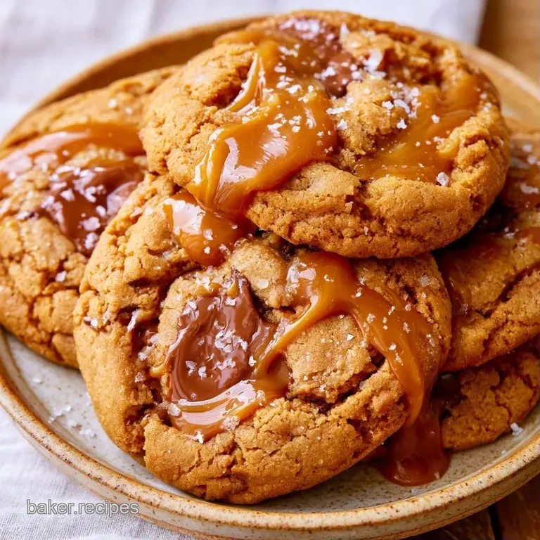 A stack of warm, amber-colored cookies on a white ceramic plate with a drizzle of caramel and a glass of milk