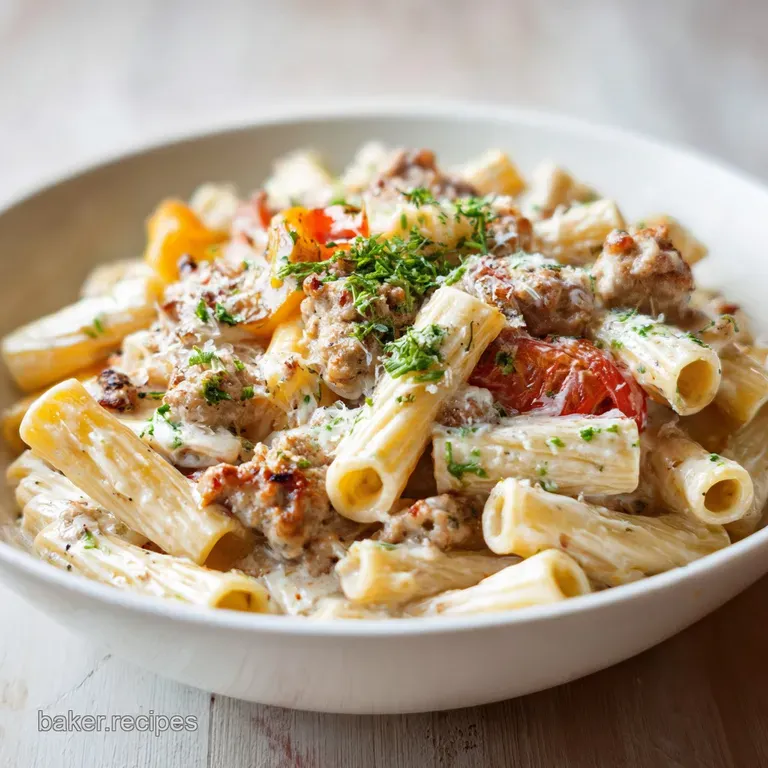 A single elegant serving of rigatoni pasta in a white bowl, twirled high with a rich, glossy Alfredo sauce and savory saus...