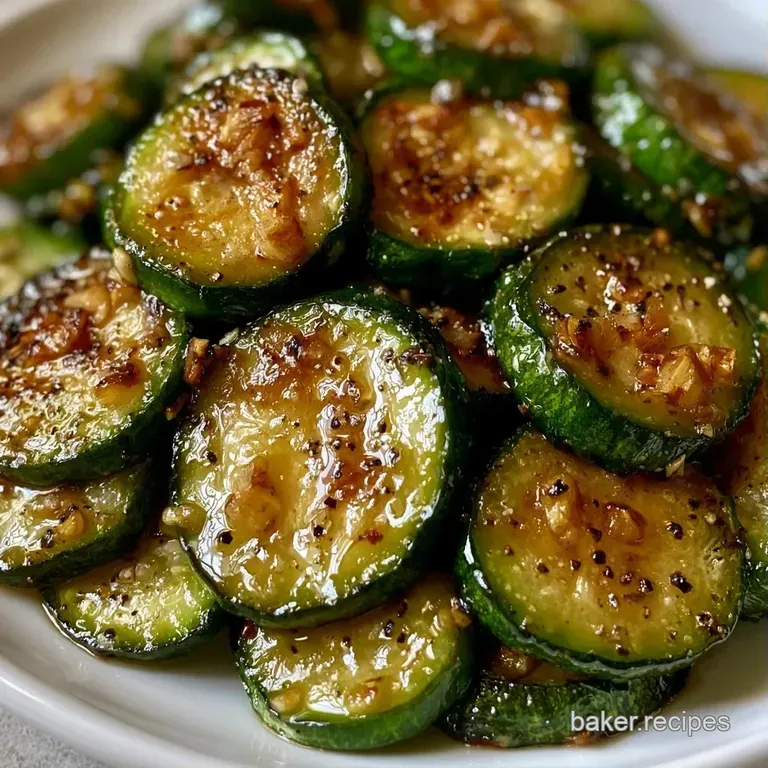 Vibrant green zucchini rounds elegantly piled on a white plate, glistening with melted butter and minced garlic.